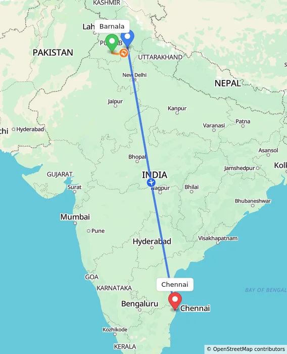 Route map showing distance and travel time from Barnala, India to Chennai, India