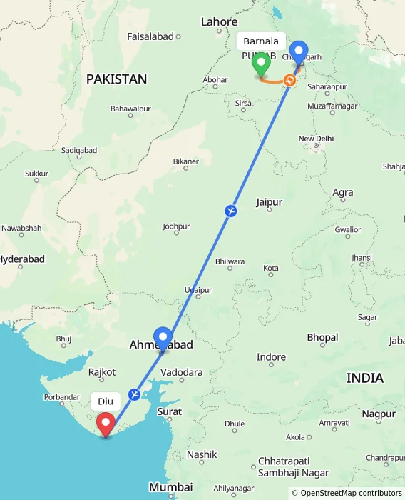 Route map showing distance and travel time from Barnala, India to Diu, India