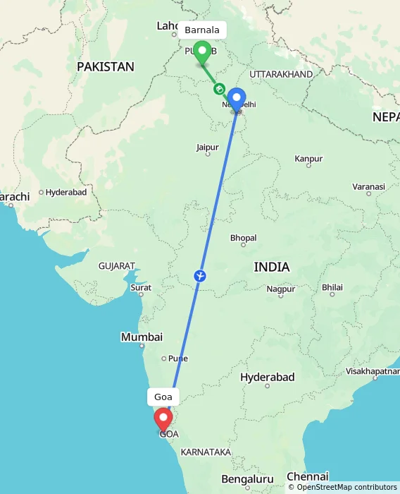 Route map showing distance and travel time from Barnala, India to Goa, India