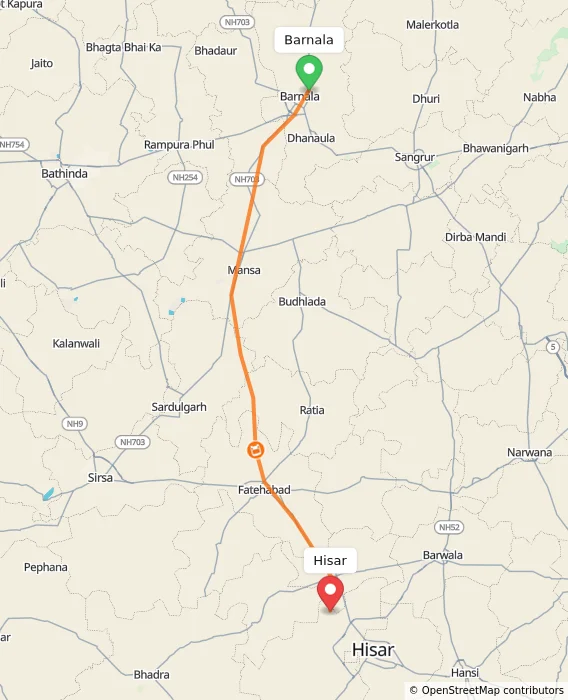 Route map showing distance and travel time from Barnala, India to Hisar, India