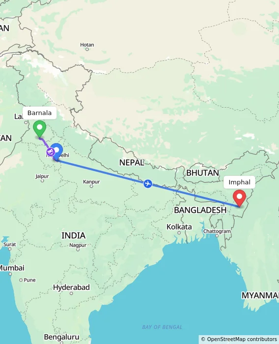 Route map showing distance and travel time from Barnala, India to Imphal, India