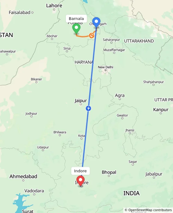 Route map showing distance and travel time from Barnala, India to Indore, India