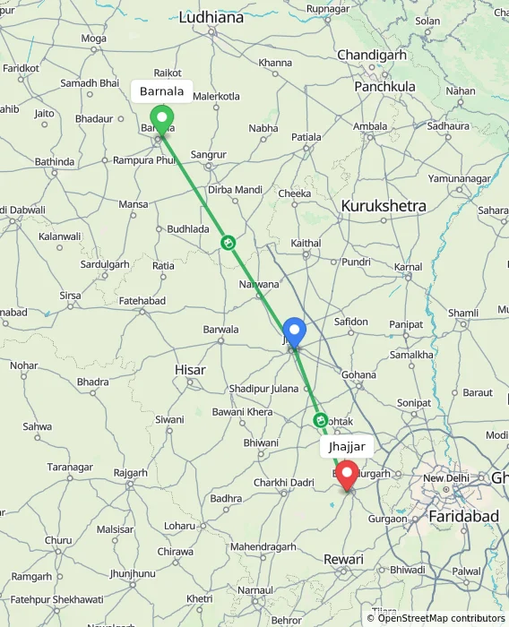 Route map showing distance and travel time from Barnala, India to Jhajjar, India