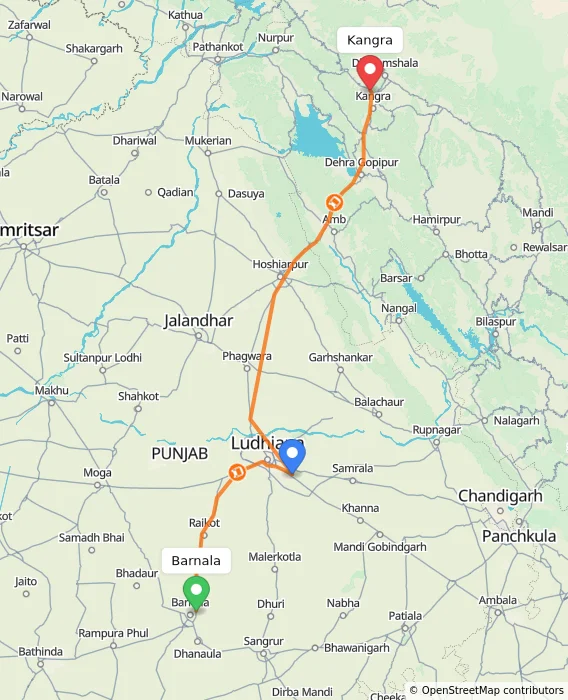 Route map showing distance and travel time from Barnala, India to Kangra, India