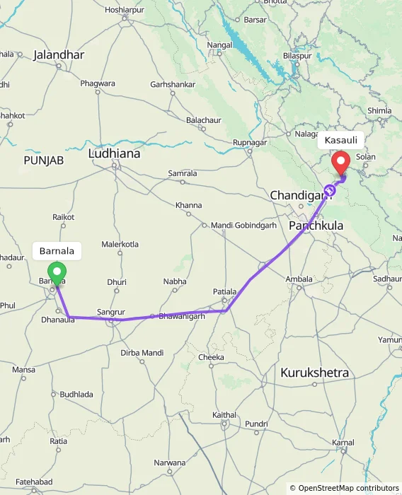 Route map showing distance and travel time from Barnala, India to Kasauli, India