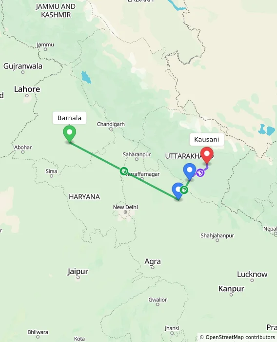 Route map showing distance and travel time from Barnala, India to Kausani, India