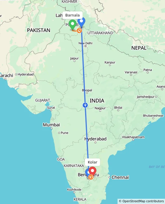 Route map showing distance and travel time from Barnala, India to Kolar, India