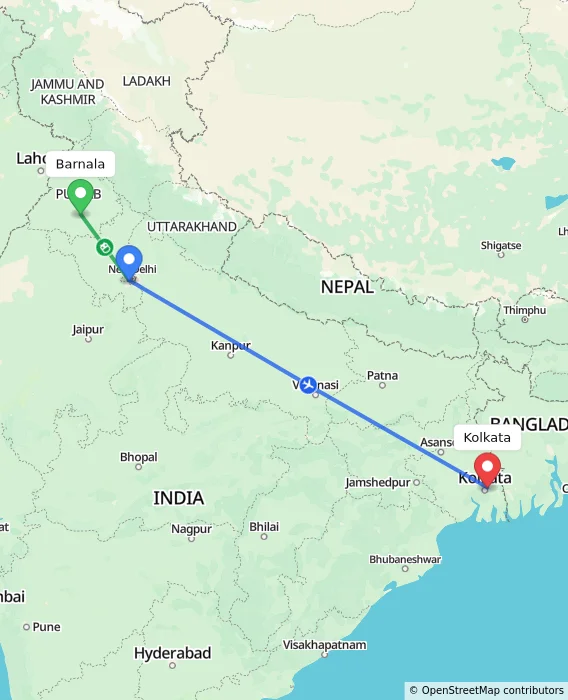 Route map showing distance and travel time from Barnala, India to Kolkata, India