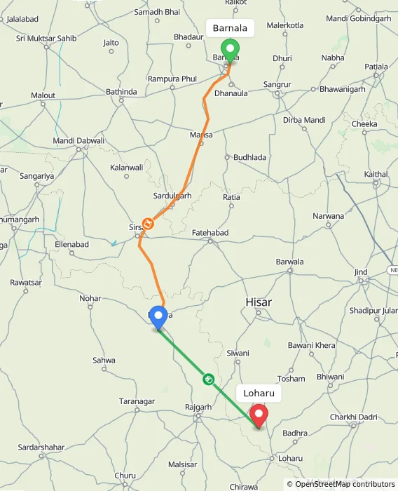 Route map showing distance and travel time from Barnala, India to Loharu, India