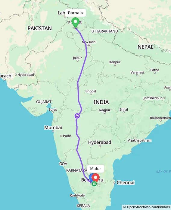 Route map showing distance and travel time from Barnala, India to Malur, India