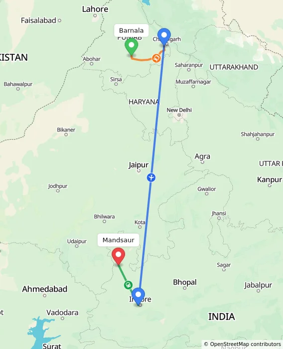 Route map showing distance and travel time from Barnala, India to Mandsaur, India