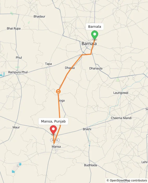 Route map showing distance and travel time from Barnala, India to Mansa, Punjab, India