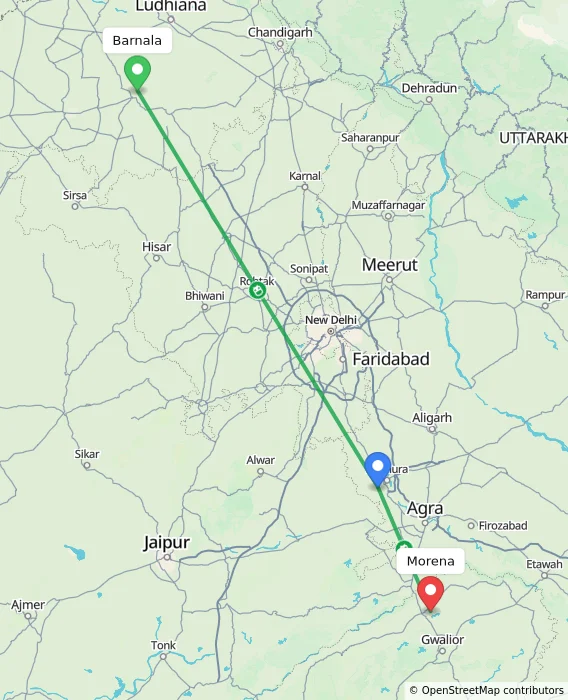 Route map showing distance and travel time from Barnala, India to Morena, India