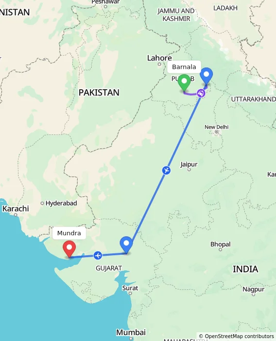 Route map showing distance and travel time from Barnala, India to Mundra, India