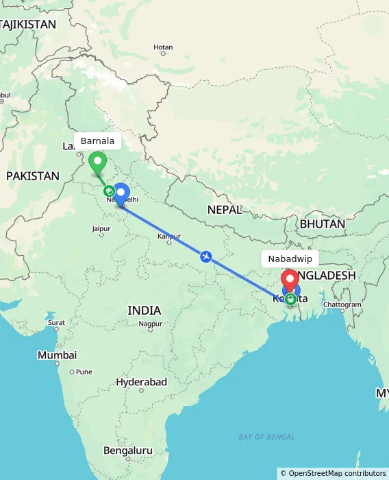 Route map showing distance and travel time from Barnala, India to Nabadwip, India
