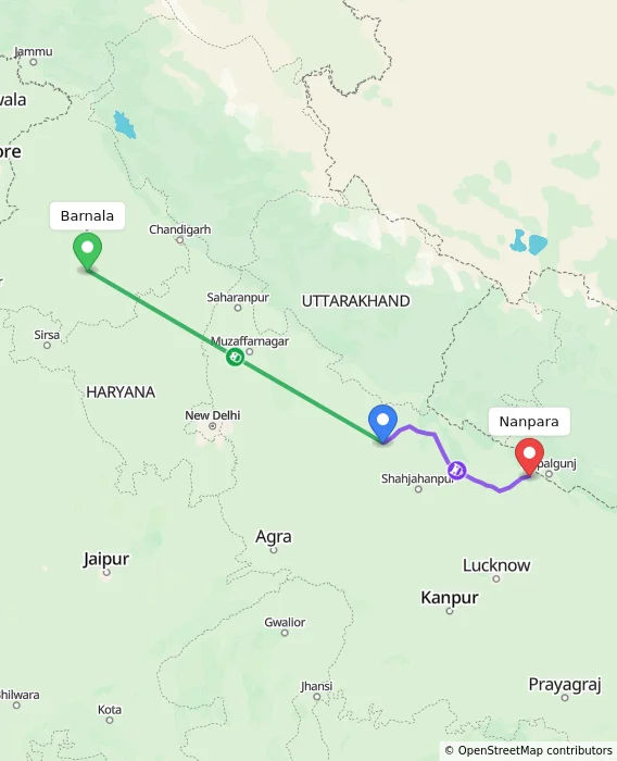 Route map showing distance and travel time from Barnala, India to Nanpara, India