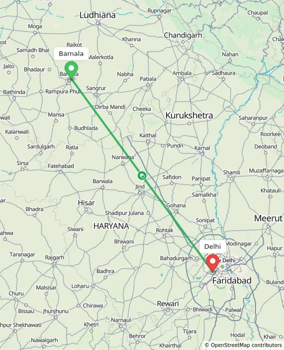 Route map showing distance and travel time from Barnala, India to Delhi, India