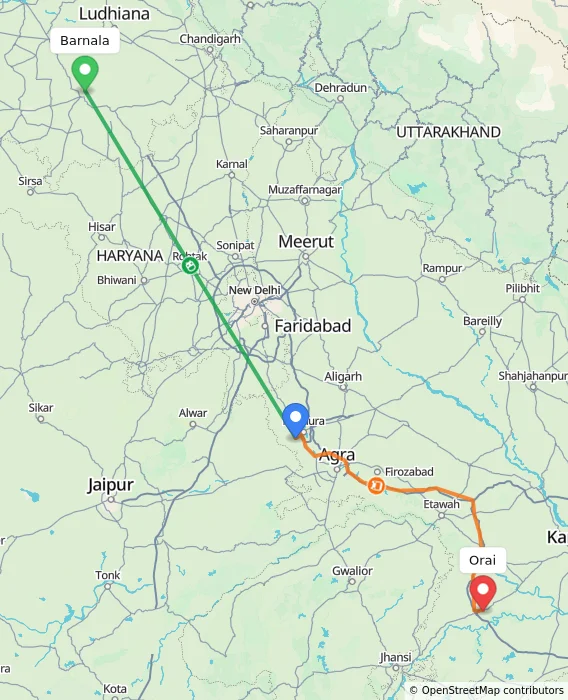 Route map showing distance and travel time from Barnala, India to Orai, India