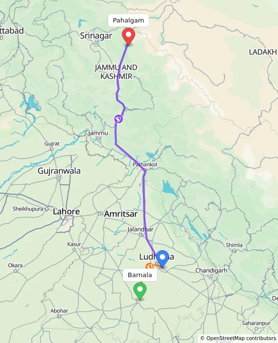 Route map showing distance and travel time from Barnala, India to Pahalgam, India