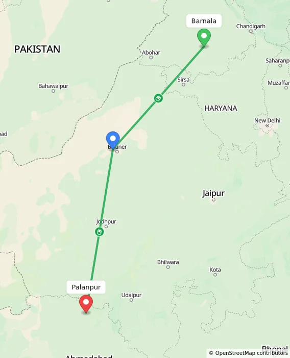 Route map showing distance and travel time from Barnala, India to Palanpur, India