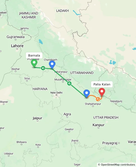 Route map showing distance and travel time from Barnala, India to Palia Kalan, India