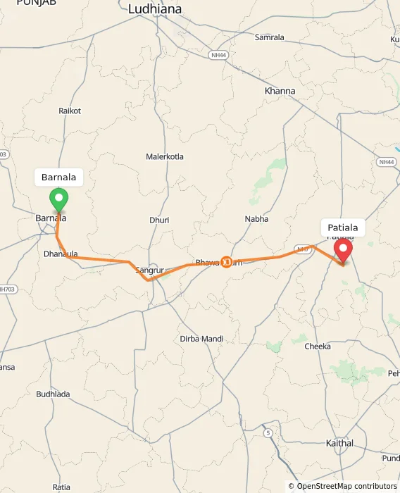 Route map showing distance and travel time from Barnala, India to Patiala, India