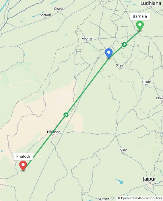 Route map showing distance and travel time from Barnala, India to Phalodi, India