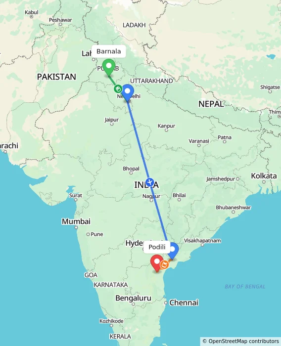 Route map showing distance and travel time from Barnala, India to Podili, India