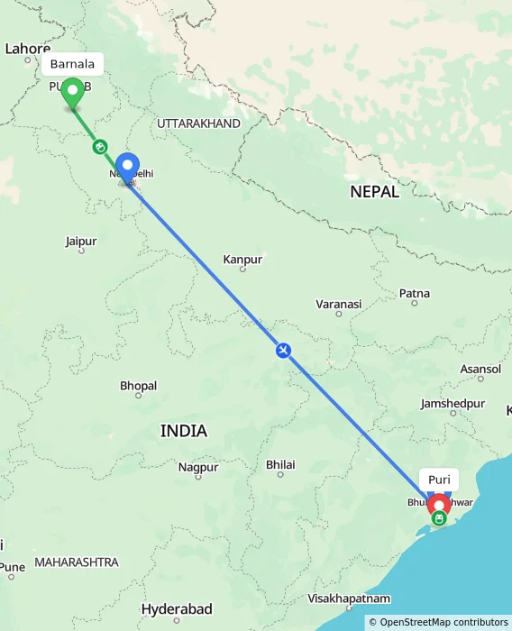 Route map showing distance and travel time from Barnala, India to Puri, India
