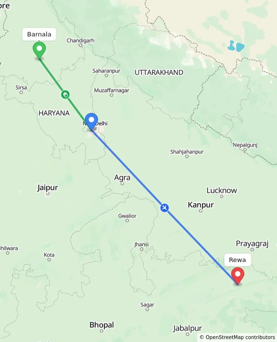 Route map showing distance and travel time from Barnala, India to Rewa, India