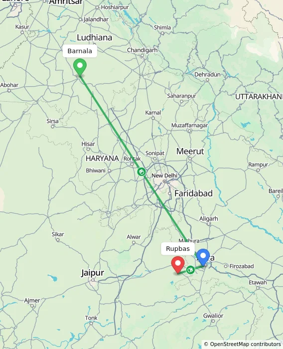 Route map showing distance and travel time from Barnala, India to Rupbas, India