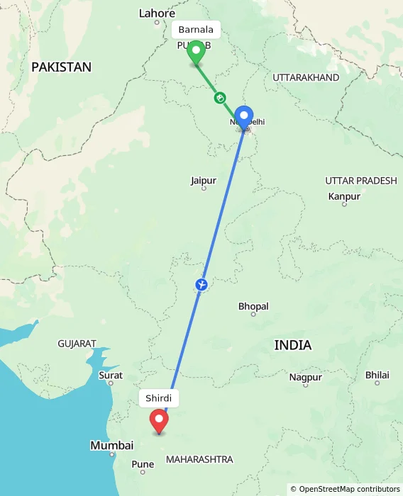 Route map showing distance and travel time from Barnala, India to Shirdi, India