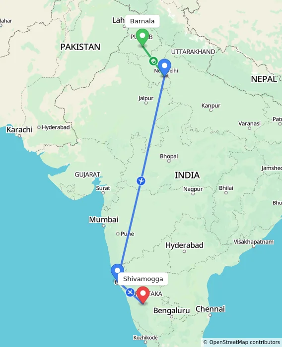 Route map showing distance and travel time from Barnala, India to Shivamogga, India
