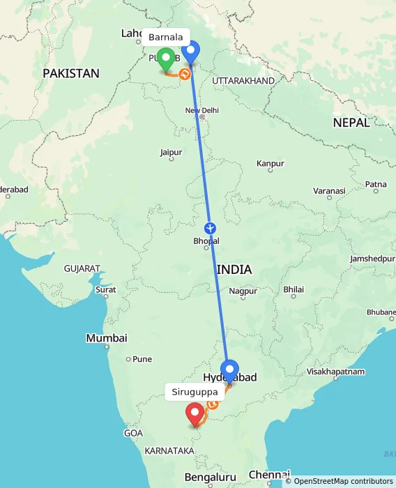 Route map showing distance and travel time from Barnala, India to Siruguppa, India