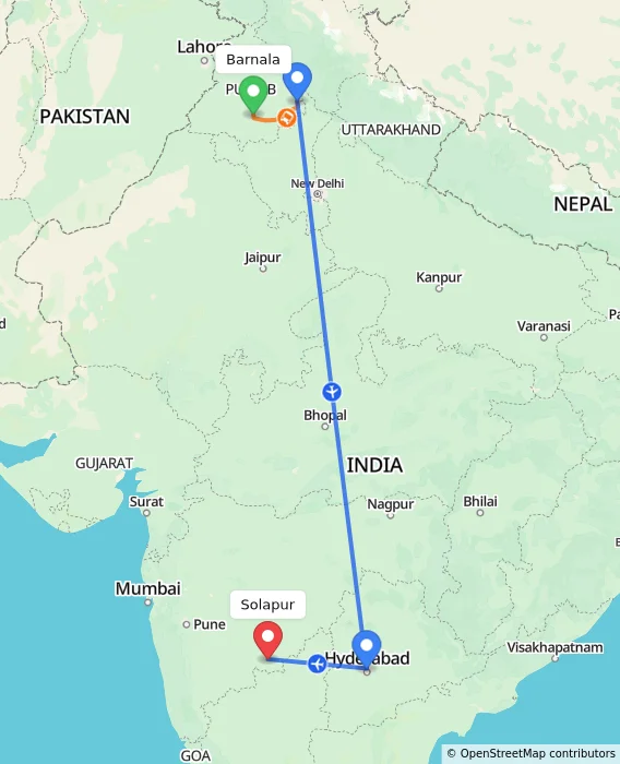Route map showing distance and travel time from Barnala, India to Solapur, India
