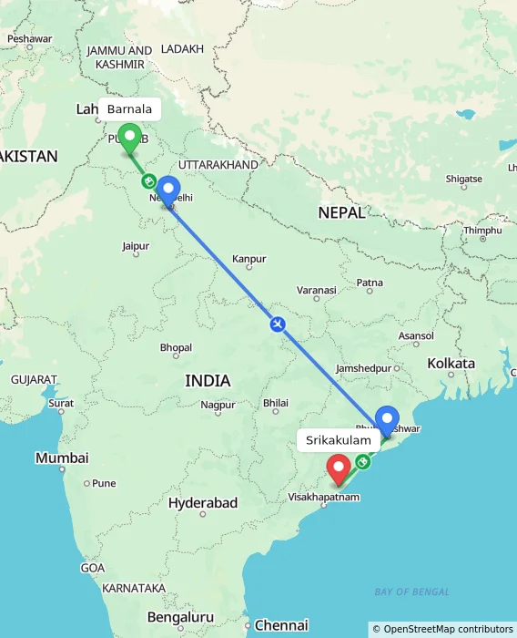 Route map showing distance and travel time from Barnala, India to Srikakulam, India