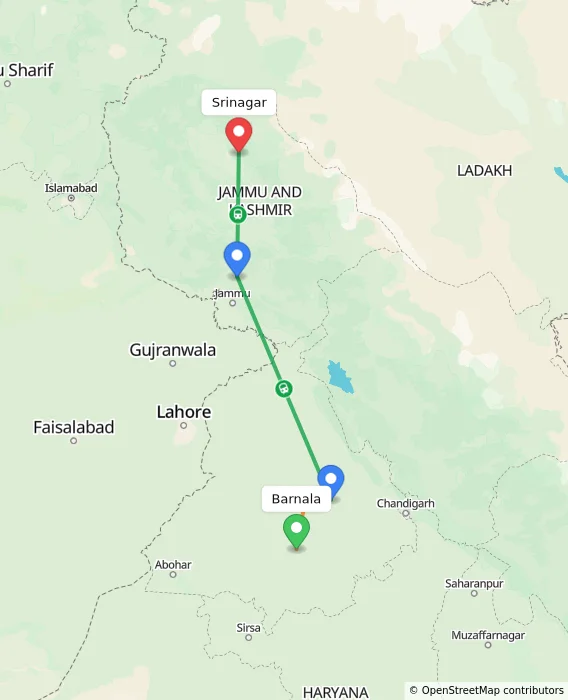 Route map showing distance and travel time from Barnala, India to Srinagar, India