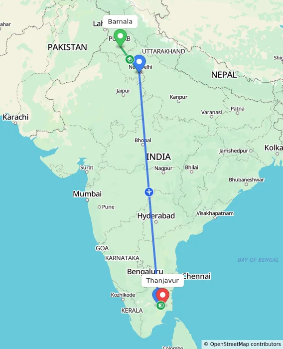 Route map showing distance and travel time from Barnala, India to Thanjavur, India