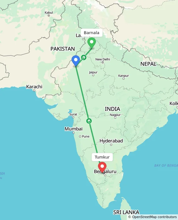 Route map showing distance and travel time from Barnala, India to Tumkur, India