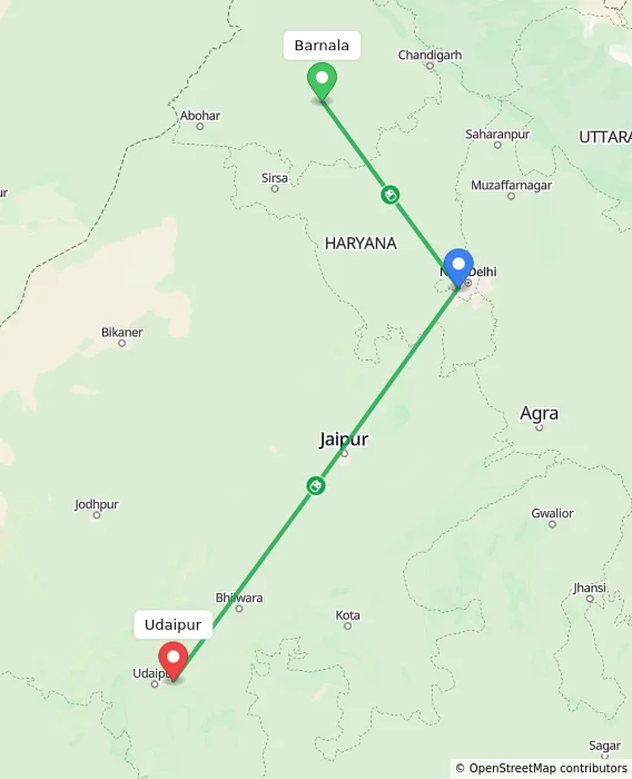 Route map showing distance and travel time from Barnala, India to Udaipur, India