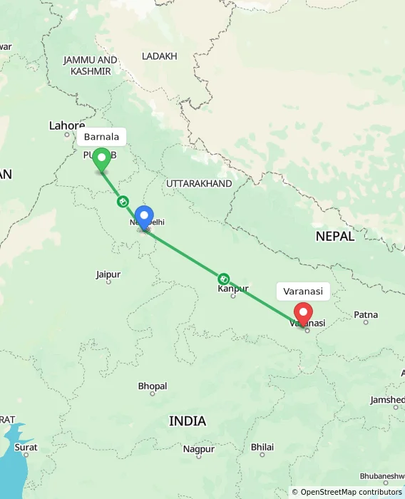Route map showing distance and travel time from Barnala, India to Varanasi, India