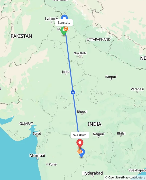 Route map showing distance and travel time from Barnala, India to Washim, India