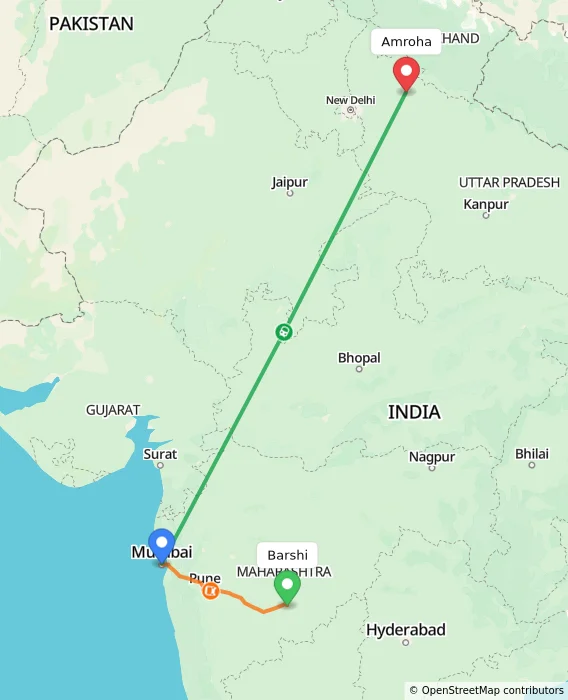 Route map showing distance and travel time from Barshi, India to Amroha, India