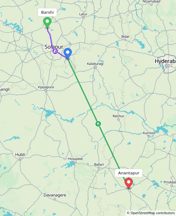 Route map showing distance and travel time from Barshi, India to Anantapur, India