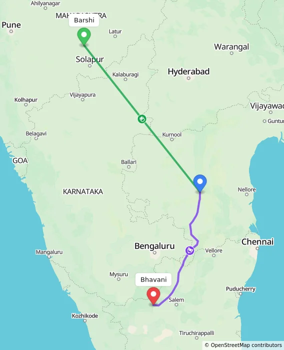Route map showing distance and travel time from Barshi, India to Bhavani, India