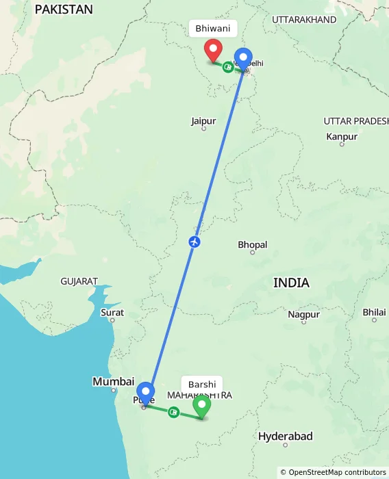 Route map showing distance and travel time from Barshi, India to Bhiwani, India