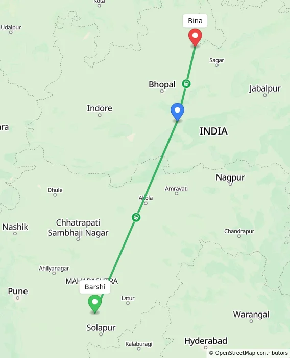 Route map showing distance and travel time from Barshi, India to Bina, India