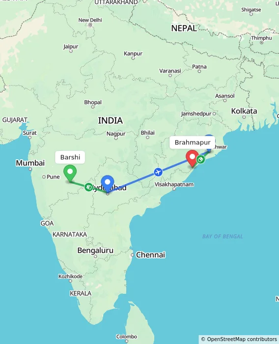 Route map showing distance and travel time from Barshi, India to Brahmapur, India