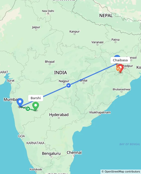 Route map showing distance and travel time from Barshi, India to Chaibasa, India