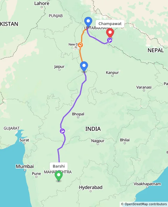 Route map showing distance and travel time from Barshi, India to Champawat, India